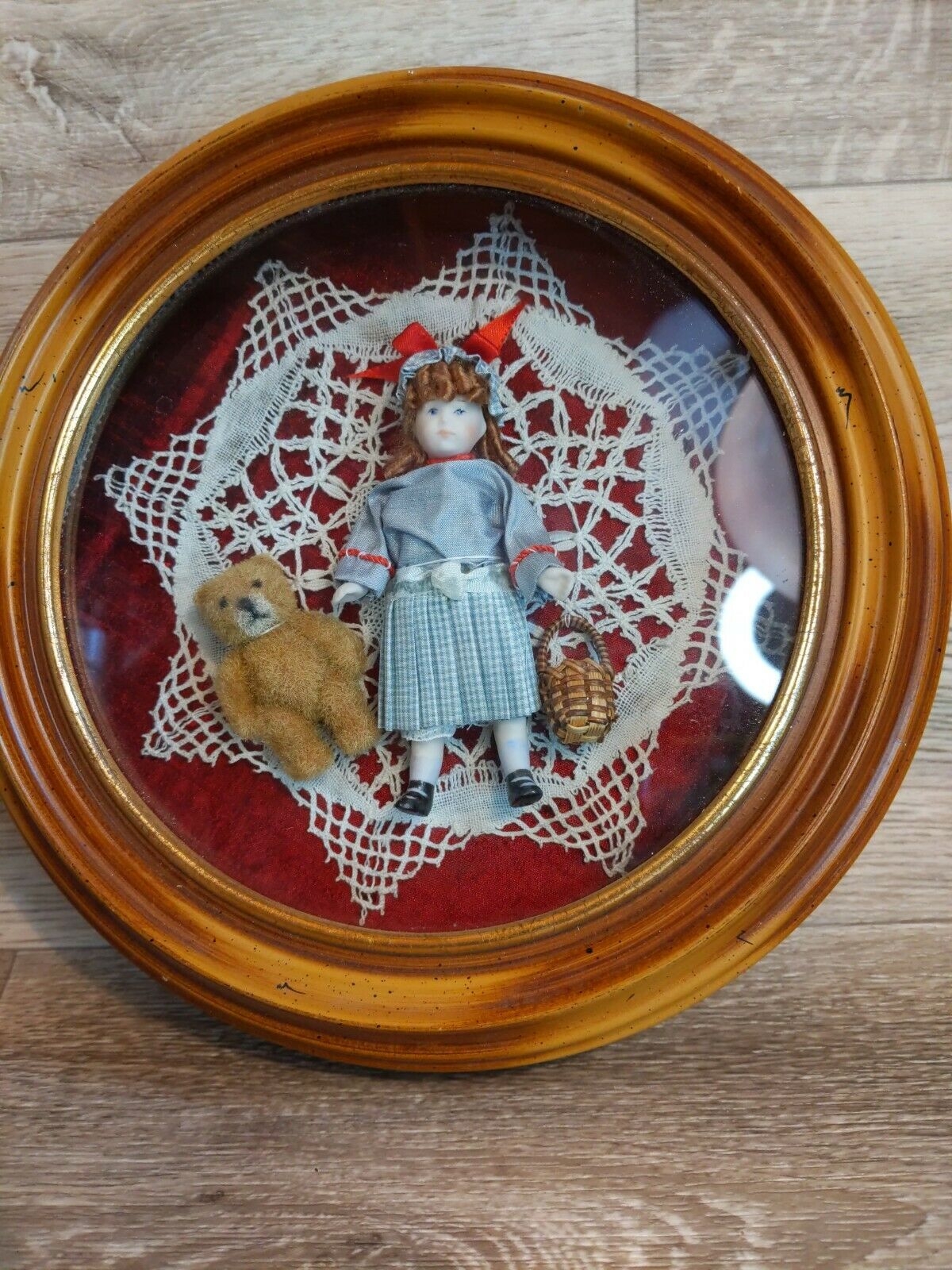 Vintage Handmade Clothes Handpainted Doll And Round Glass Display Case