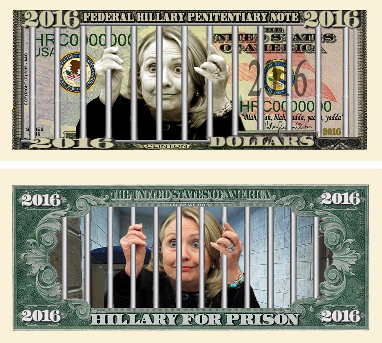 Hillary Clinton For Prison 2016 Dollar Bill Funny Money Novelty Note Free Sleeve