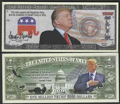 Re-elect Trump 2020 Million Dollar Bill Novelty Play Funny Money + Free Sleeve