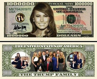 Melania Trump + Family Million Dollar Bill Funny Money Novelty Note +free Sleeve